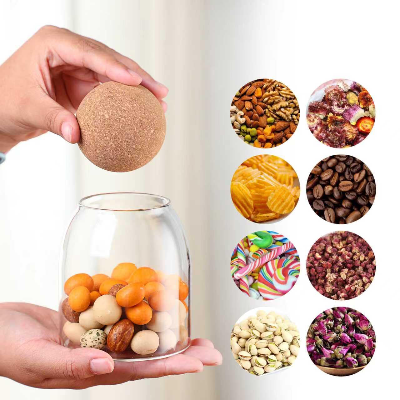 Vorratsdose aus Glas mit Kugelkorkendeckel, klare Glasdosen mit Korkkugel, niedliche dekorative runde Glasflaschen mit luftdichtem Holzdeckel für Gewürze, Zucker, Salz, Tee, Nüsse, Kaffeebohnen (4