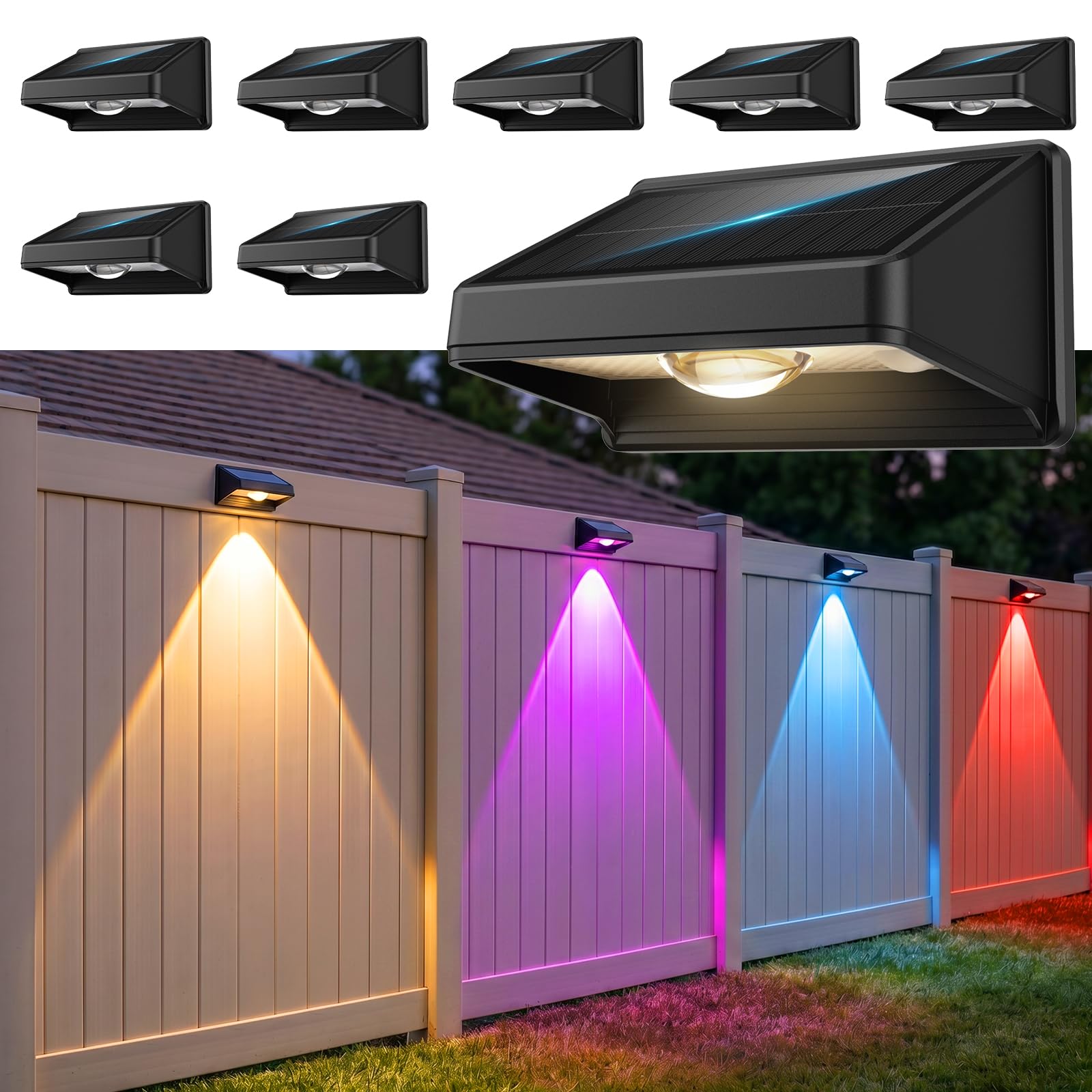 Solar Fence Lights Outdoor,7 Colors &amp; RGB Fence Lights Solar Powered,8Pack