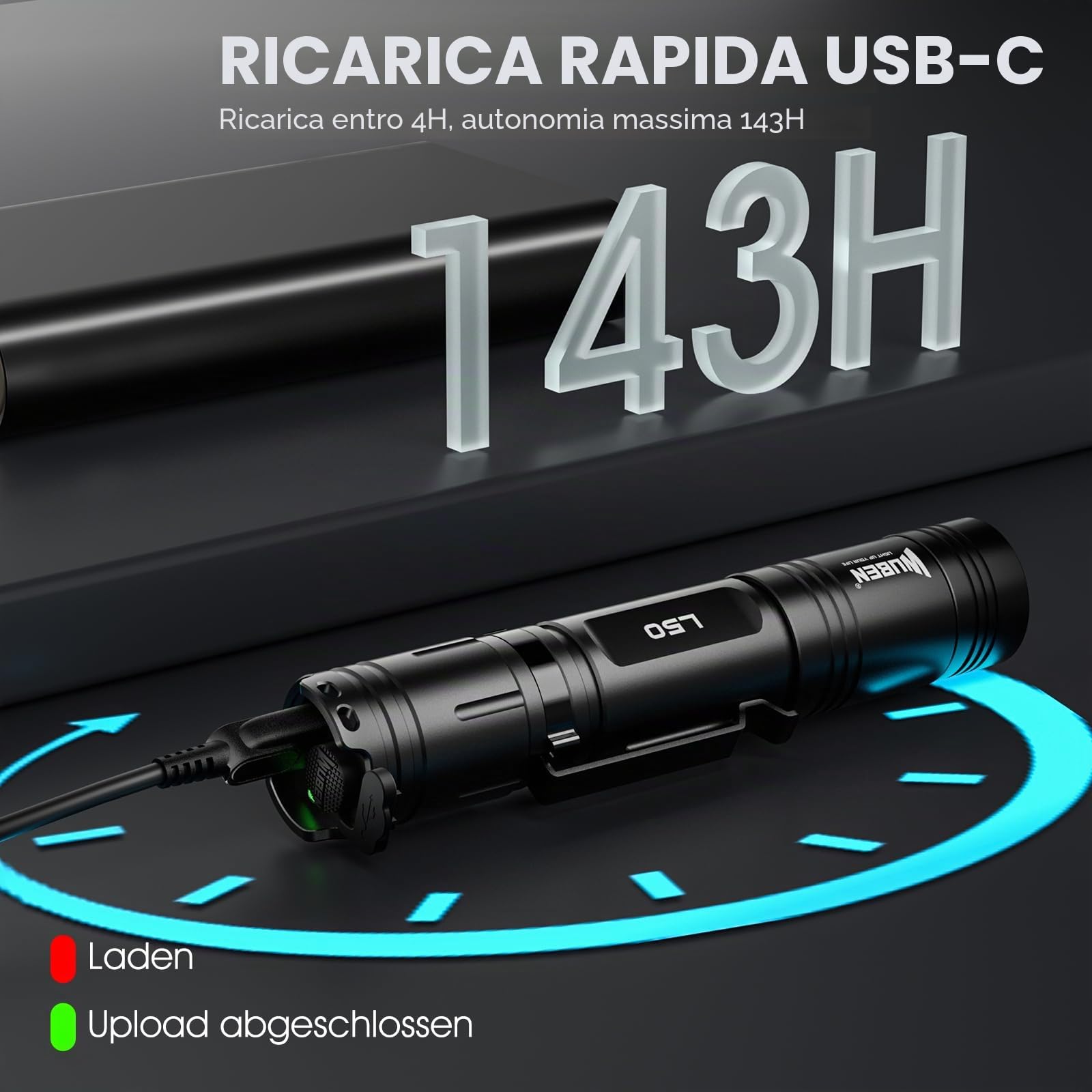 WUBEN L50 Torcia LED Ricaricabile, 1200 Lumen Torcia LED Potente Professionale, Torcia Tattica IP68 Impermeabile 5 Modalità, Tascabili Portatili Torch