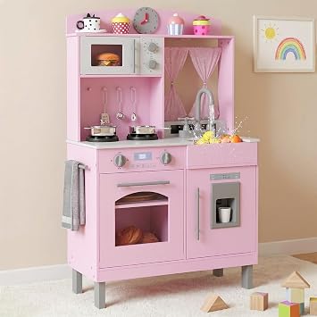 INFANS Kids Kitchen, Wooden Pretend Playset with Adjustable Heights Realistic Sounds Ice Maker Microwave Oven, Toddler Cooking Toy Gift for Boys Girls Aged 3+