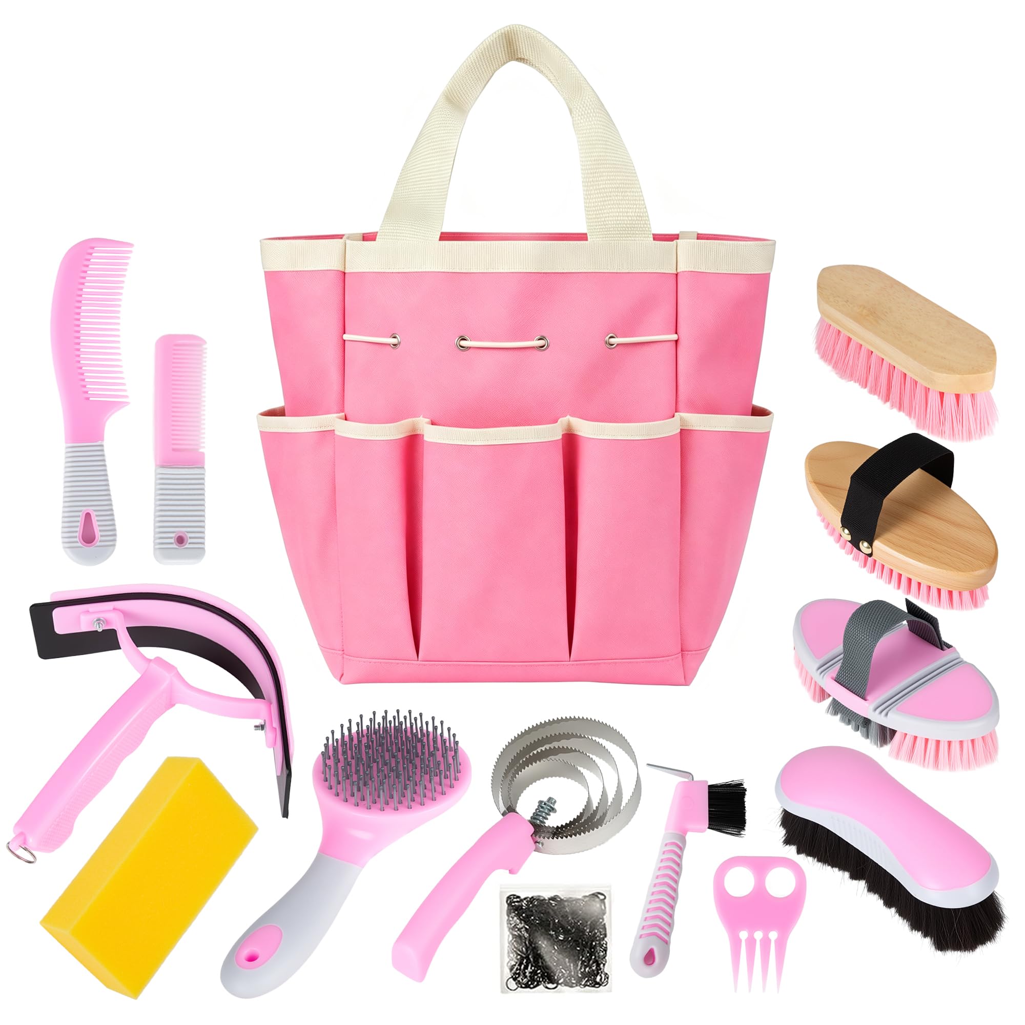 Kit de aseo de caballos, 14 en 1, juego de cepillos profesionales para aseo y cuidado, con cepillos de caballo, peine de curry, púa de pezuñas y bolsa de almacenamiento impermeable para brillar