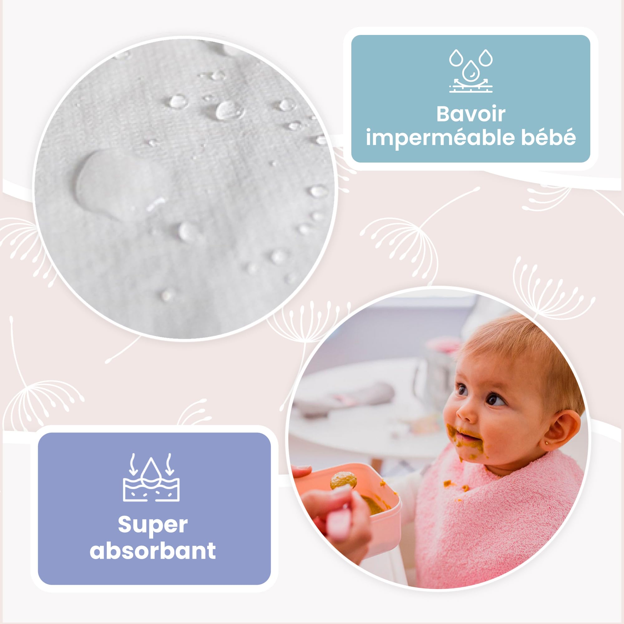 MIMUSELINA | Lot de 10 Bavoirs Bebe Imperméables en Coton avec Élastique au Cou | Grand Bavoir Bebe BLW en Éponge et Tissu Imperméable | Idéal pour la Crèche | Puericulture bébé | Fabriqué en Espagne