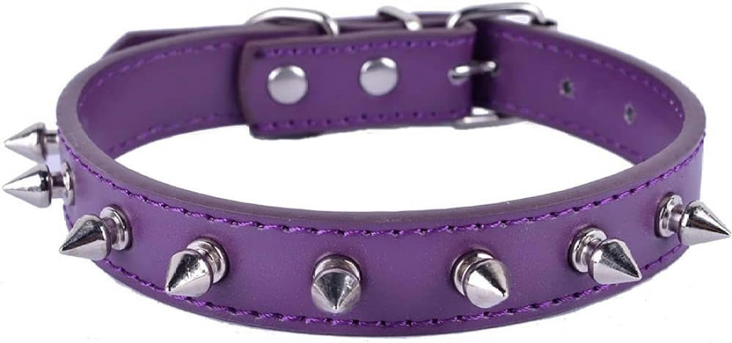 Hundehalsband mit Nieten und Spikes, Pu-Leder, Umhängeband für kleine Haustiere, Welpen, Rot, Schwarz, Lila, Farben, Größe SM L-Lila-L