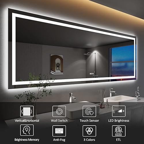 Miniatura 5 de Amorho Espejo de baño LED grande de 88 x 38 pulgadas con luz frontal y retroiluminado, espejos de pared regulables sin pasos con antiniebla, a