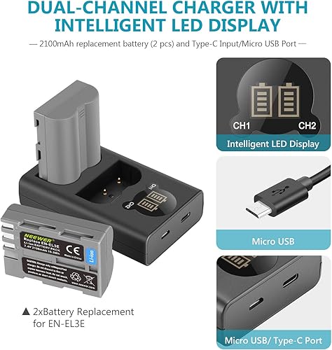 Miniatura 3 de Neewer Batería de repuesto de 2100 mAh para Nikon EN-EL3e con cargador USB dual con pantalla LCD compatible con Nikon D50 D70 D70s D80 D90 D100 D200