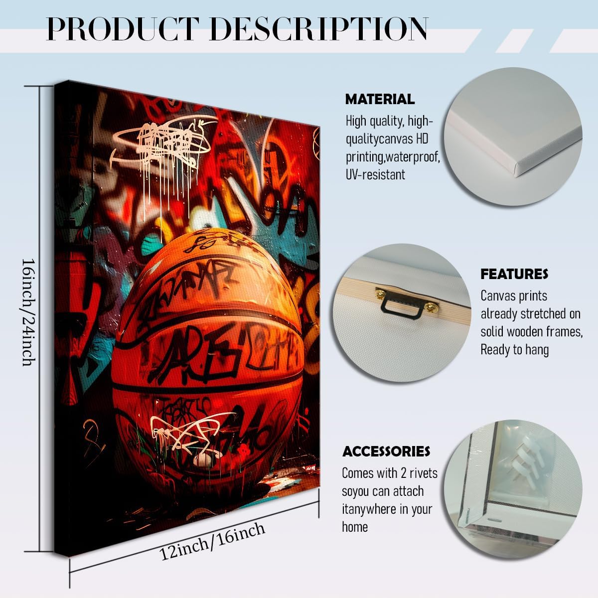 3Pcs Urban Graffiti Basketball Wall Art Graffiti Street Canvas Prints Teen Sports Posters Picture Crown Sneaker Boys Room Wall Decor Painting for Boys Bedroom Man Cave Ready to Hang(12X16in Canvas) - Image 2