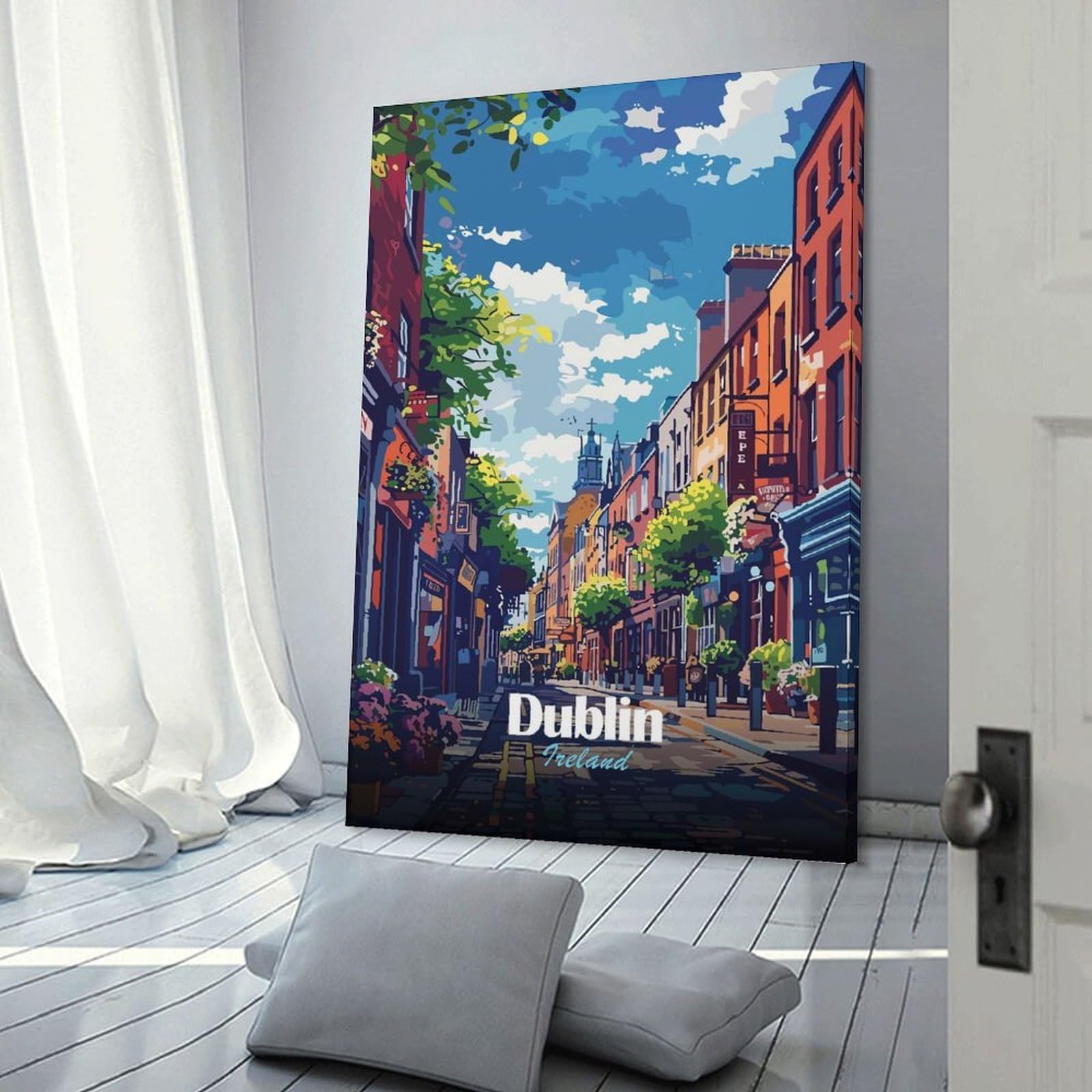 Junmoney Dublin, Ireland Street View Illustration Hanging Wall Art, 24x36inch(60x90cm), for Bedroom Walls, Guest Spaces Or Lounges, An Easy Wall Refresh for Bedrooms