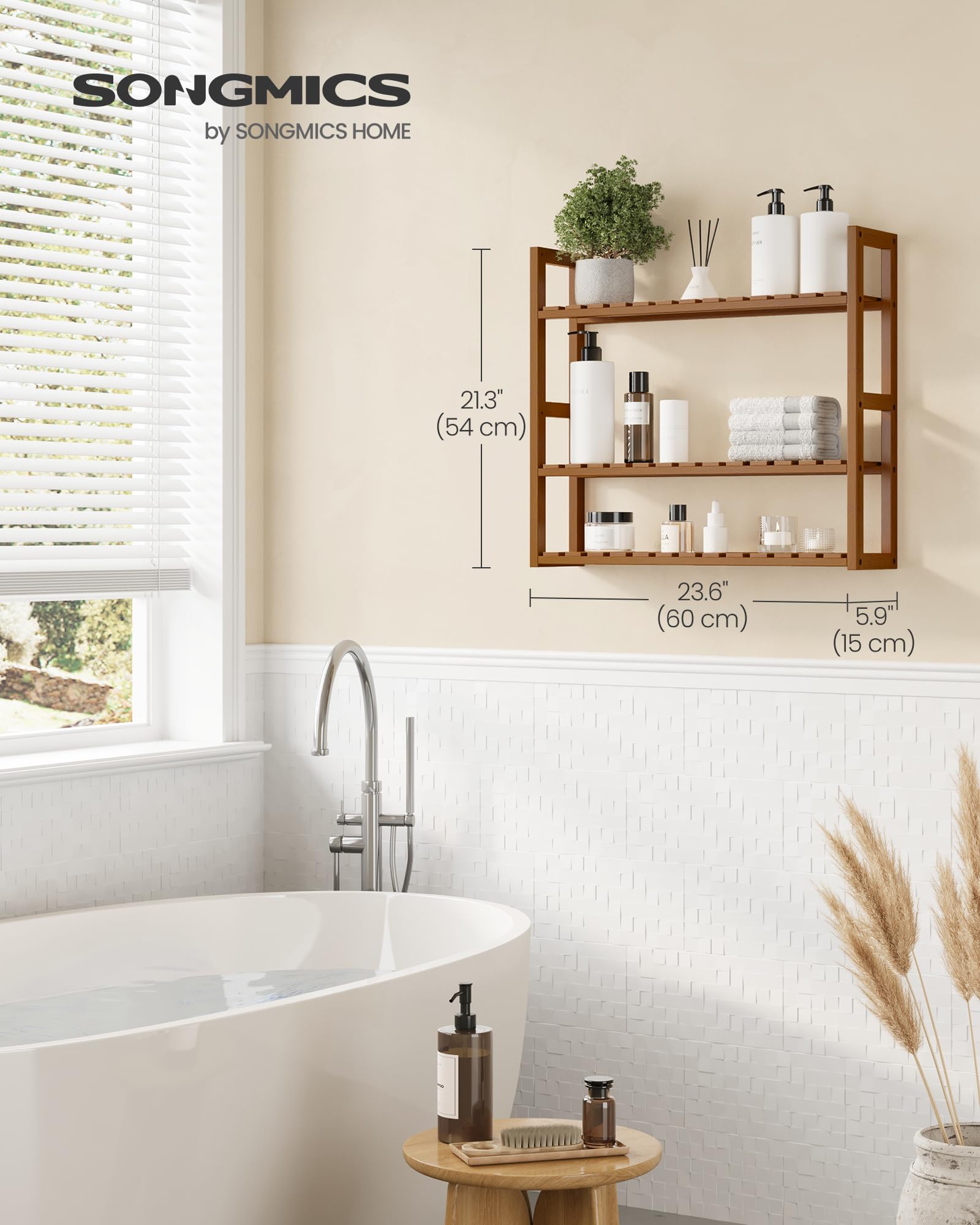SONGMICS Mensola da bagno in bambù, 3 ripiani, regolabile, da parete o da appoggio, in soggiorno, balcone, cucina, 15 x 60 x 55 cm, marrone caffè UBCB013K01