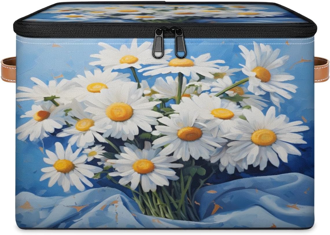 Storage Bin Set of 2 Oil Painting Daisy Storage Basket with Zipper Lid & Handle Foldable Closet Shelf 2 Pack Cloth Organizer Basket Cube Bins Clothes Organizer for Nursery, Bedroom
