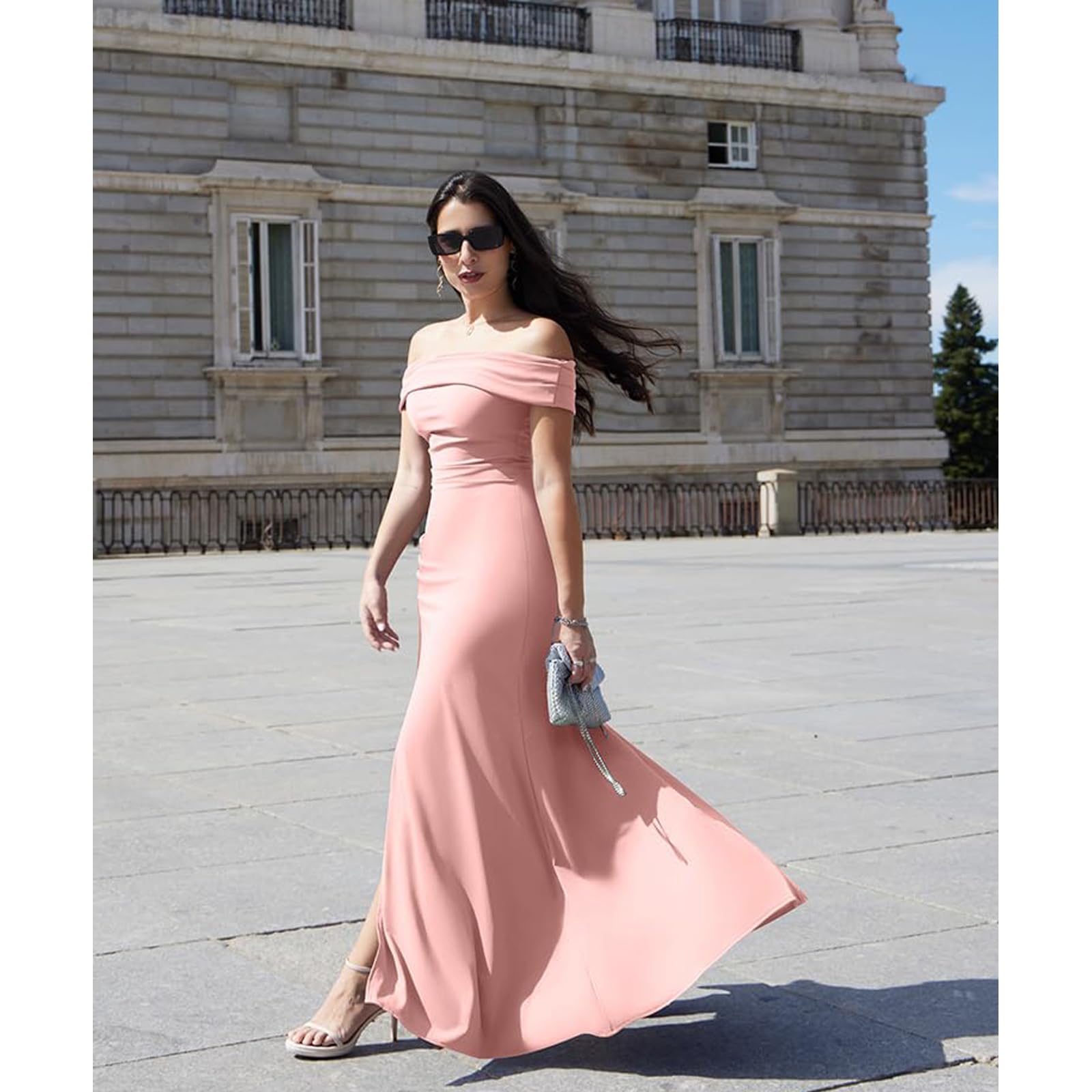 Robe de Soirée Cocktail Femme Robe Longue Sexy Slim Bodycon Epaules Dénudées Fendue Maxi Robes Femme Élégant Couleur Unie Robes de Fête Longue de Gala pour Mariage Party Bal
