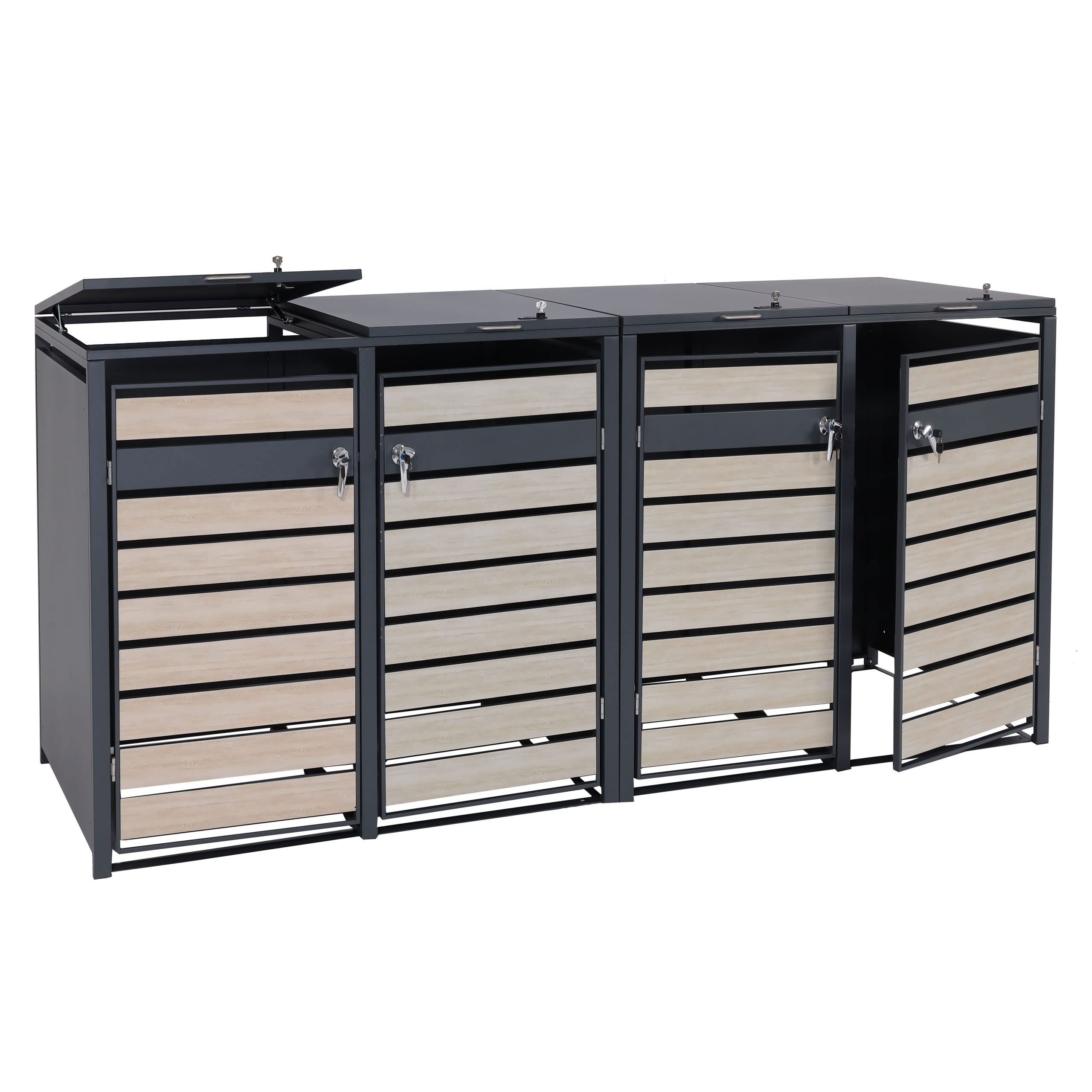 Set 4x copribidoni box spazzatura rifiuti HWC-J81 80x264x117cm - acciaio antracite faggio
