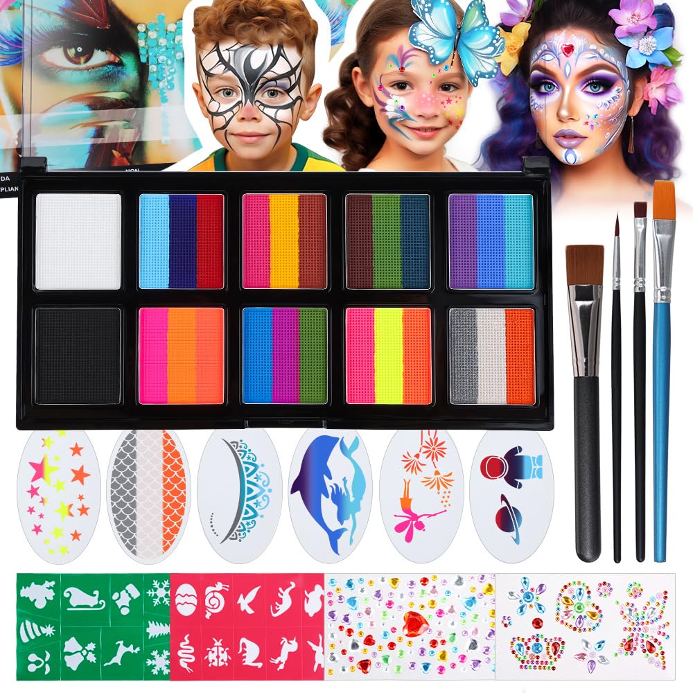 Janolia Face Painting Kit for Kids, Rainbow Split Cake Face Paint, Water Activated Face Paint Body Paint, One Stroke Split Cake Palette, Ideal Facepaint Makeup Kit for Kids Halloween Carnival Easter