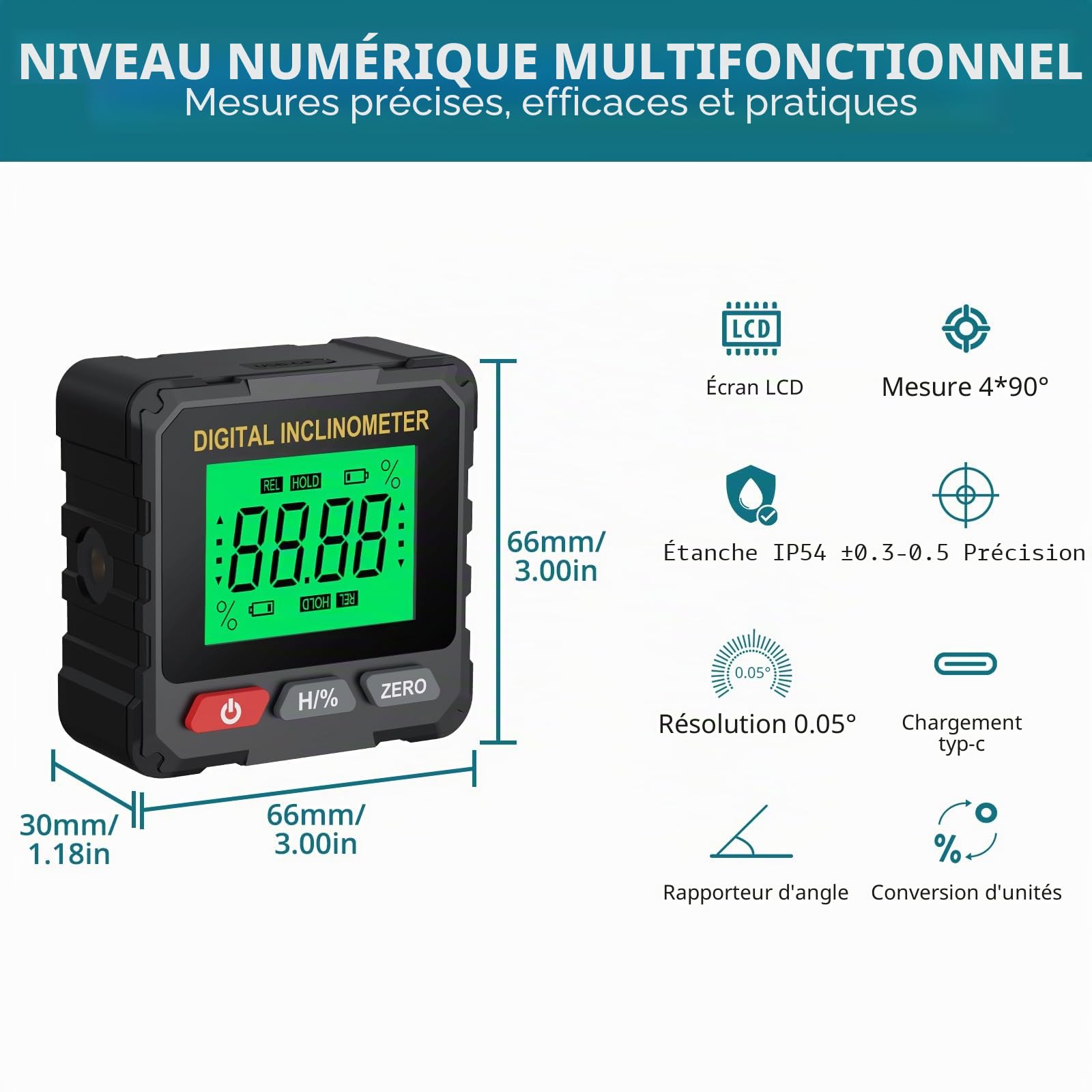 Inclinomètre Numérique avec Double Laser, Niveau Électronique Magnétique Rechargeable USB-C, Rapporteur d’Angle Digital 4x90° pour Menuiserie, Calibration de Scie, Bricolage et Chantier