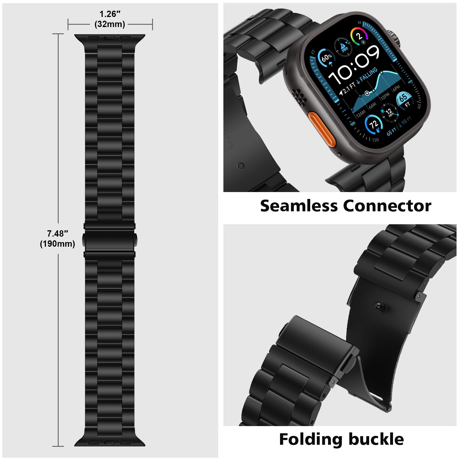 Tasikar Cinturino in metallo compatibile con Apple Watch Ultra Cinturino di ricambio in acciaio inossidabile da 49 mm compatibile con Apple Watch Ultra 2 Ultra, Negro