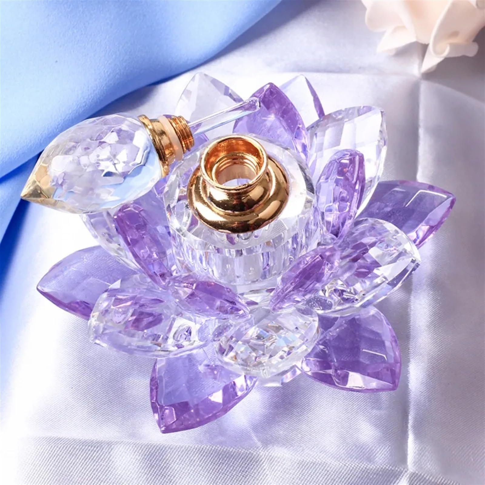 Antyczna butelka perfum, zabytkowa, napełnialna, kryształowa, fioletowa, pusta, kwiat lotosu, szklane figurki, prezent dla jej dziewczyny, żony, dekoracja domu