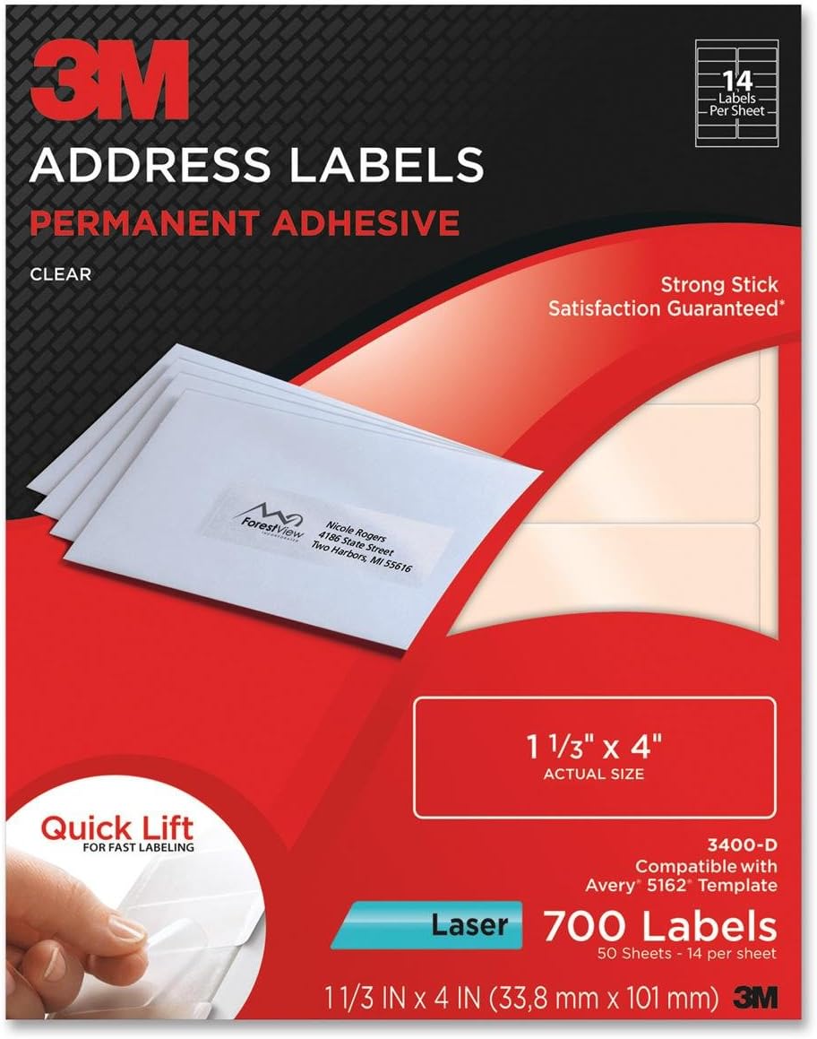 MMM3400D Address Labels,Laser Film,11/3x4,700/PK,Clear