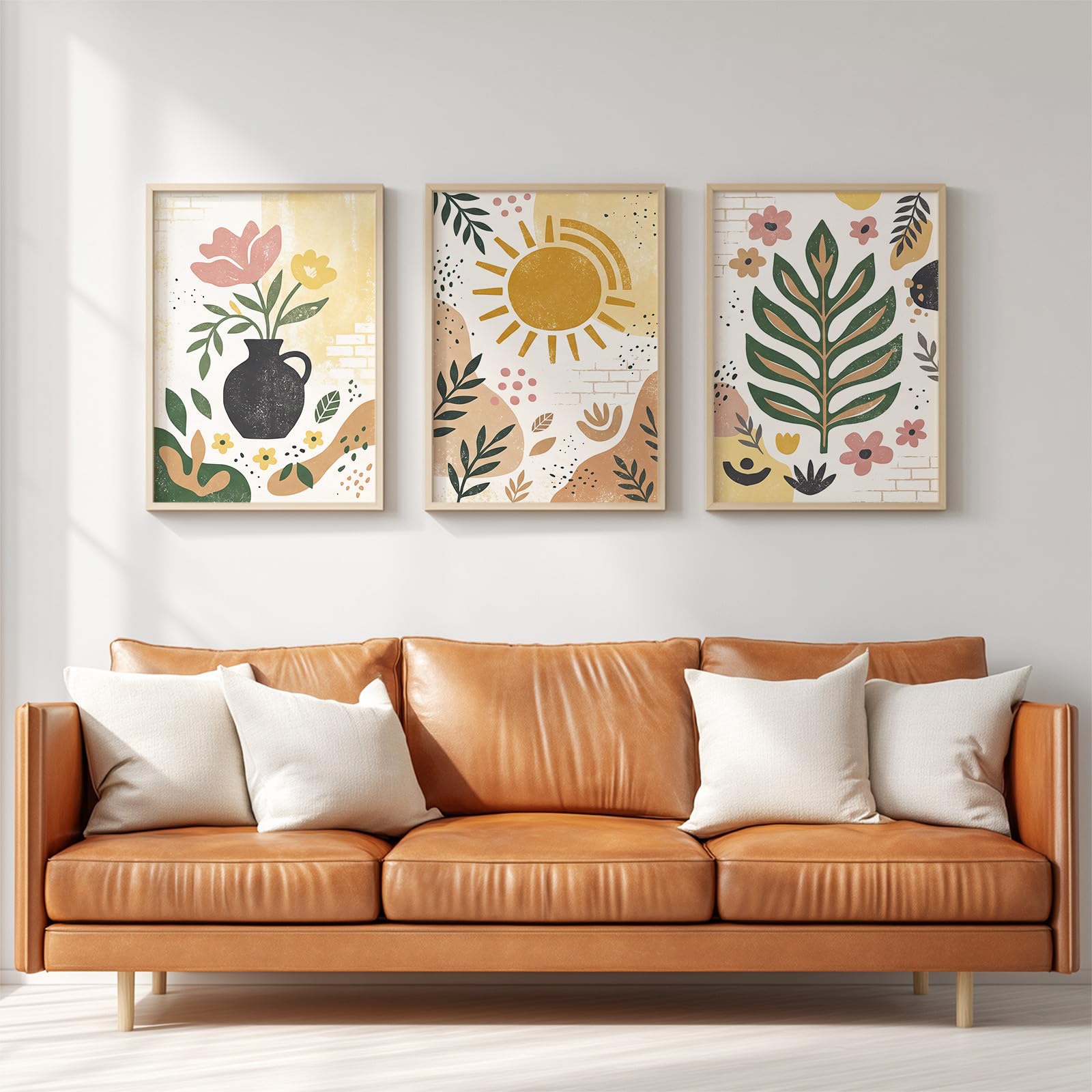 Generisch Juego de 3 pósteres abstractos bohemios, cuadros de pared botánicos floreros florales con hojas de sol, salón, dormitorio, comedor, arte de pared, sin marco, lienzo (40 x 60 cm)