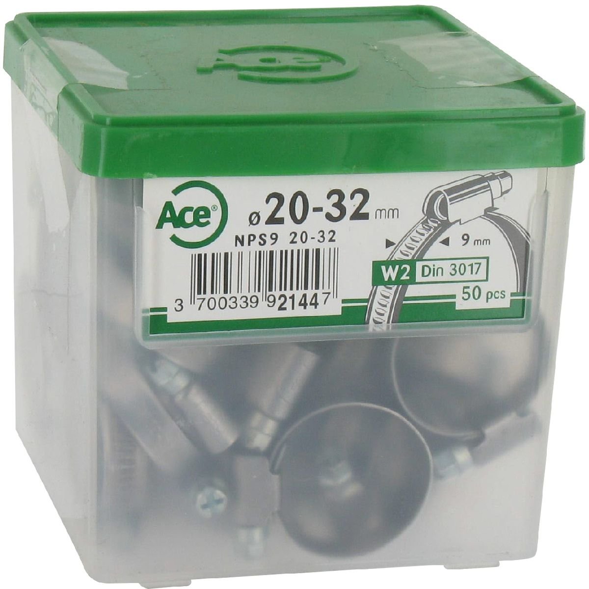 Collier bande non perforée W2 inox /acier zingué - 9 mm - Serrage 20 - 32 mm - Boîte de 50 pièces - Ace