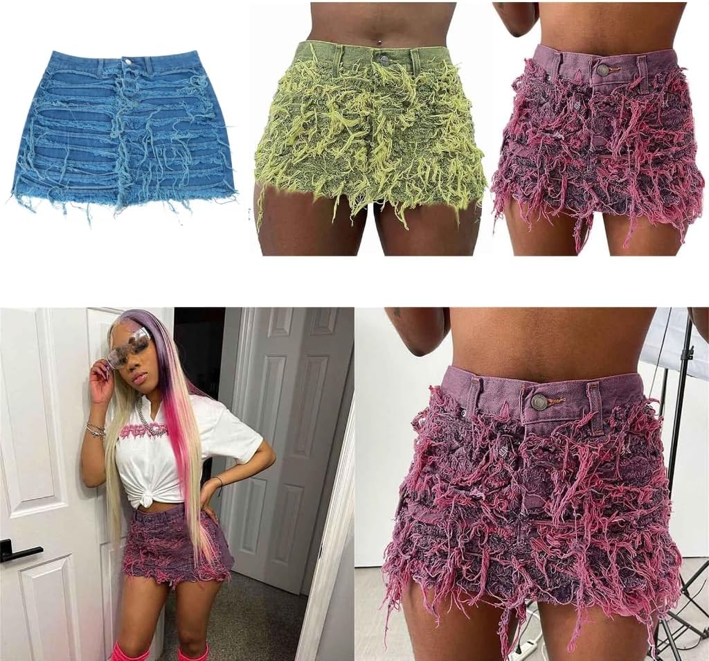 Lily Brown Womens Summer Mini Denims Skirt High Waist Cargo Skirt Ripped Y2k Bodycon Skirt Tassels Jean Short Pencil Skirts Gifts Purple, Large
