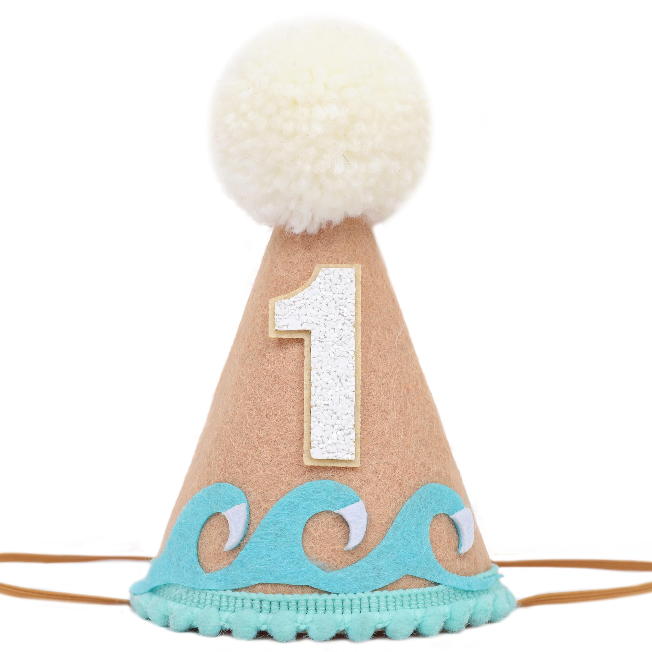 RSOLIET Beach Theme First Birthday Party Hat, Ocean Wave Design, Tan and Turquoise, Pom Pom Topper