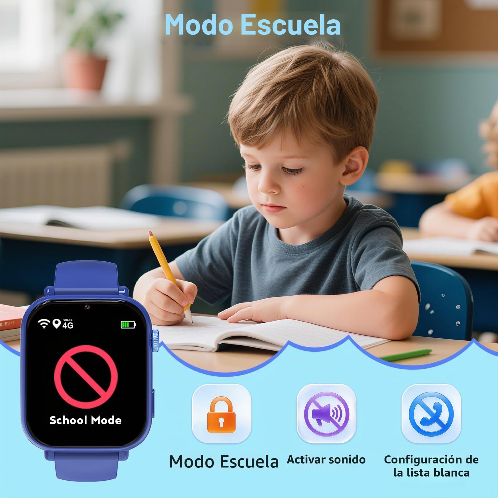 PTHTECHUS Reloj Inteligente Niño, Smartwatch Niños con GPS y Llamadas 4G, Telefono, SOS, Chat de Voz, Videollamada, Modo Clase, Reloj Infantil Niño Niña de 4 a 12 Años Regalos Navidad (Azul)