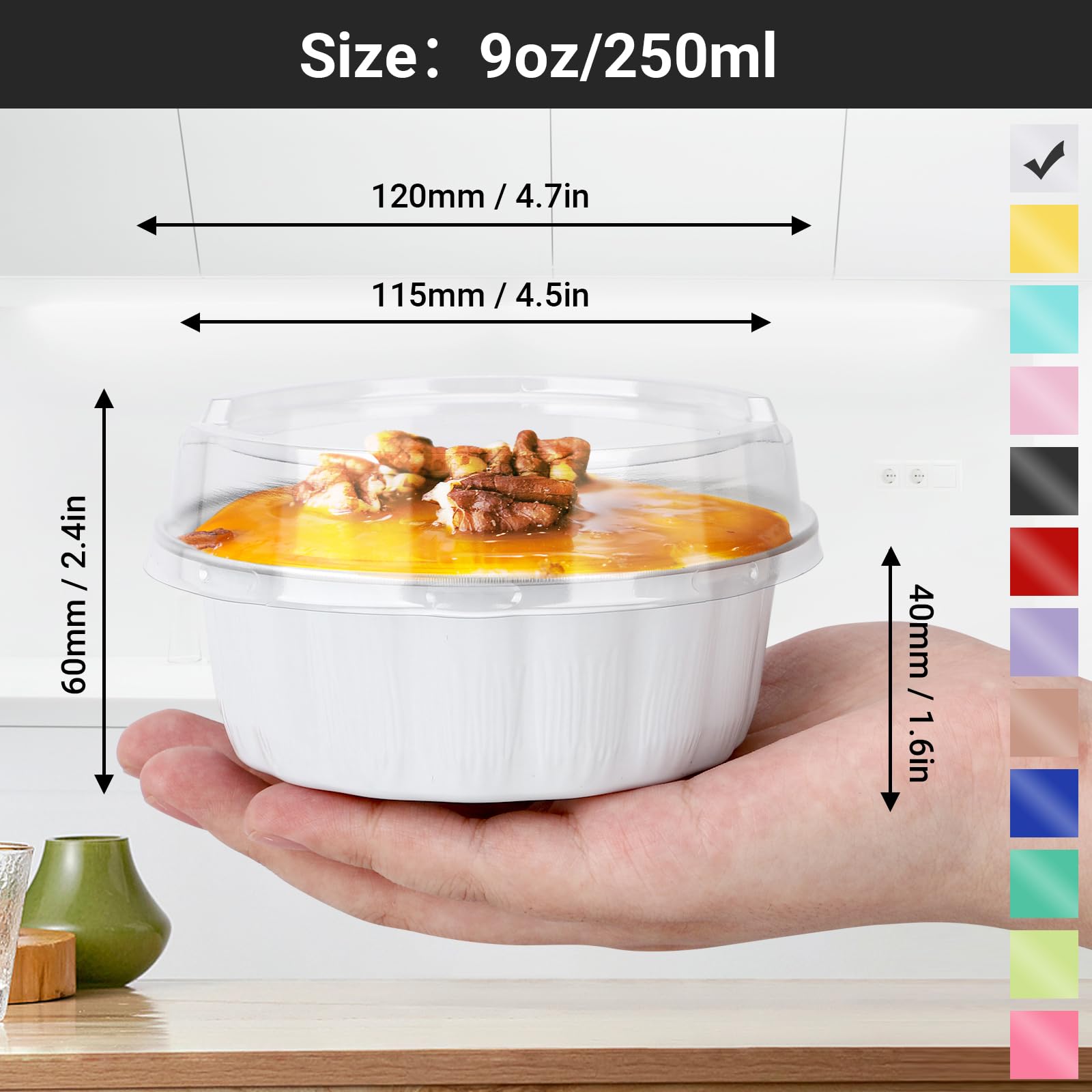 EUSOAR Contenedores de delicatessen con tapas, 100 piezas de papel de aluminio blanco de 9 onzas para hornear, ramequines desechables, pasteles, cupcakes, pan, pudín, pan, pan, pan, pan, sartenes,