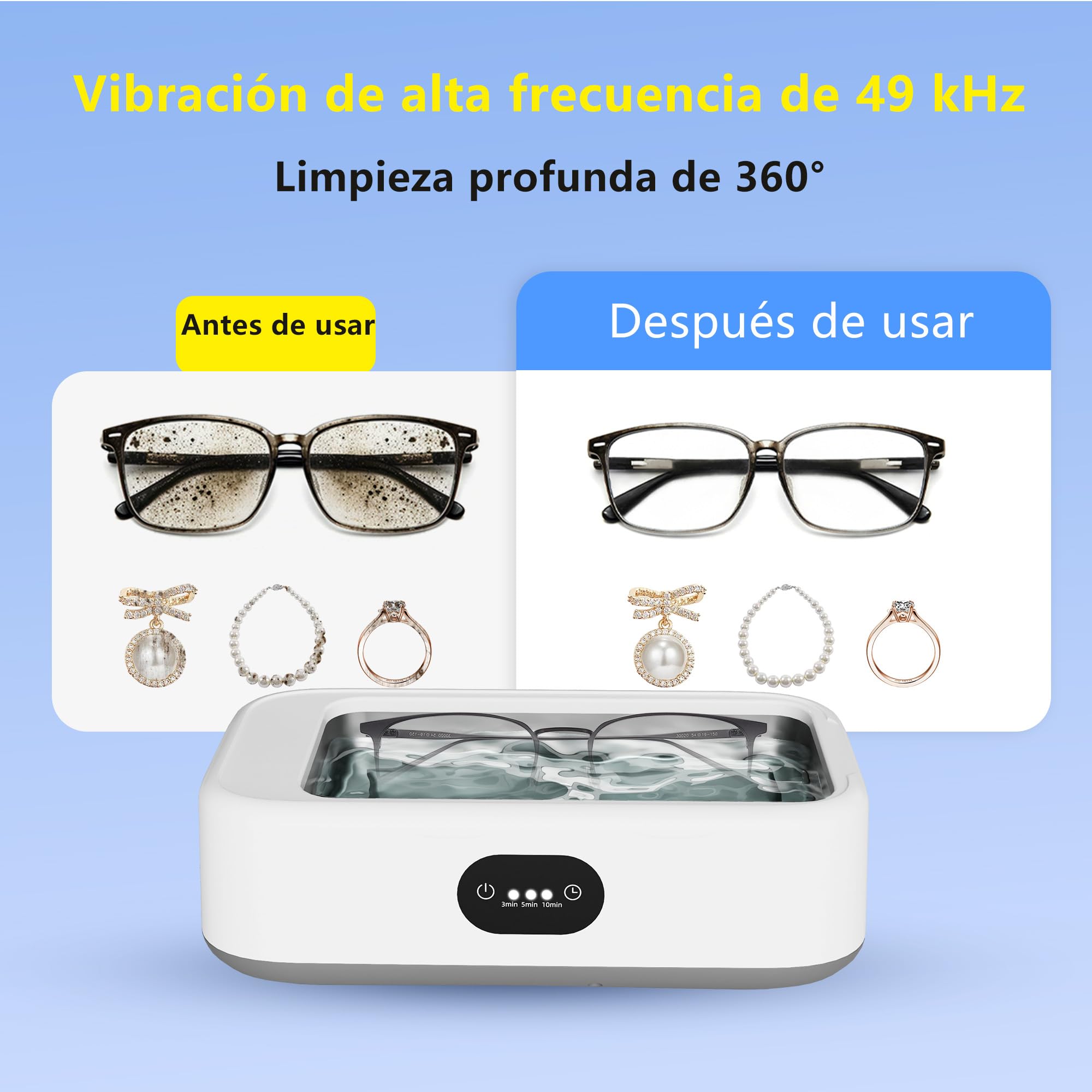 Limpiador Ultrasonidos,640ML limpiador ultrasónico para Férula dental | 49 kHz limpieza , cubeta 304 inoxidable, 3 temporizadores, silencioso. Multiusos para gafas, joyas y prótesis