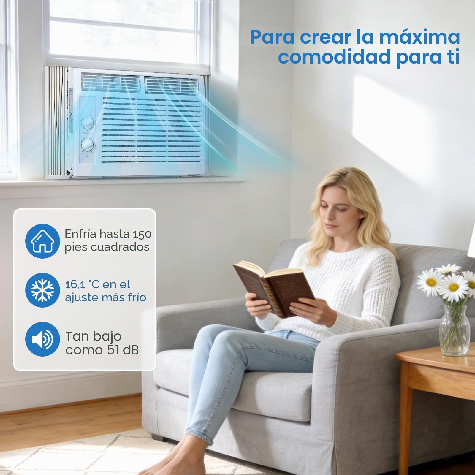 Electactic 5000 Btu aire acondicionado para ventana, unidad de ventana de CA de hasta 150 pies cuadrados, 2 velocidades de enfriamiento y ventilador, 51DB ultra silencioso, controles mecánicos, aire