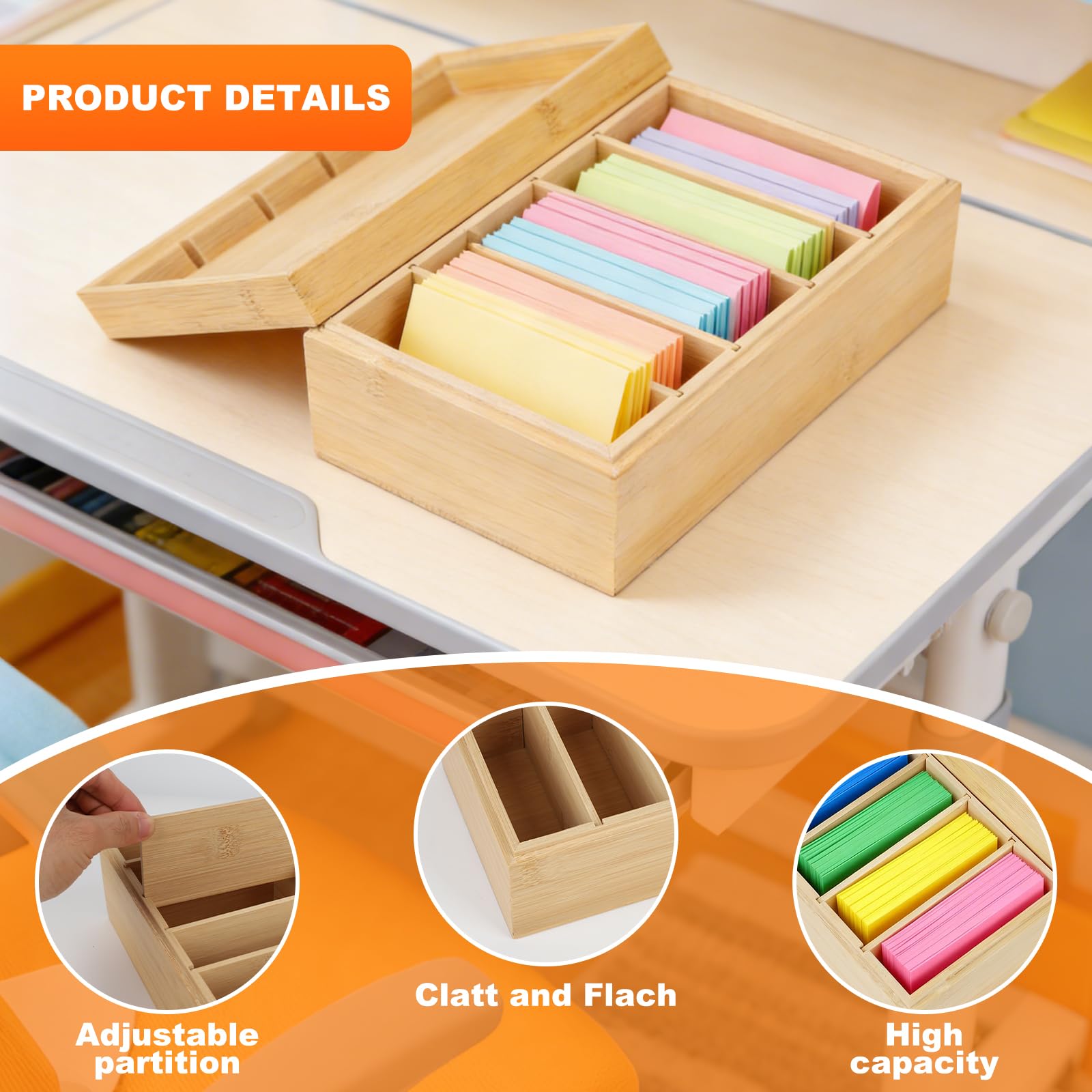 A7 Boîte à Fiches en Bois, Boîte de Rangement pour Cartes avec 5 Compartiments Boîte à Fiches de Classement avec Couvercle, pour Bureau école et Maison (22,2 X 12,8 X 9 Cm)