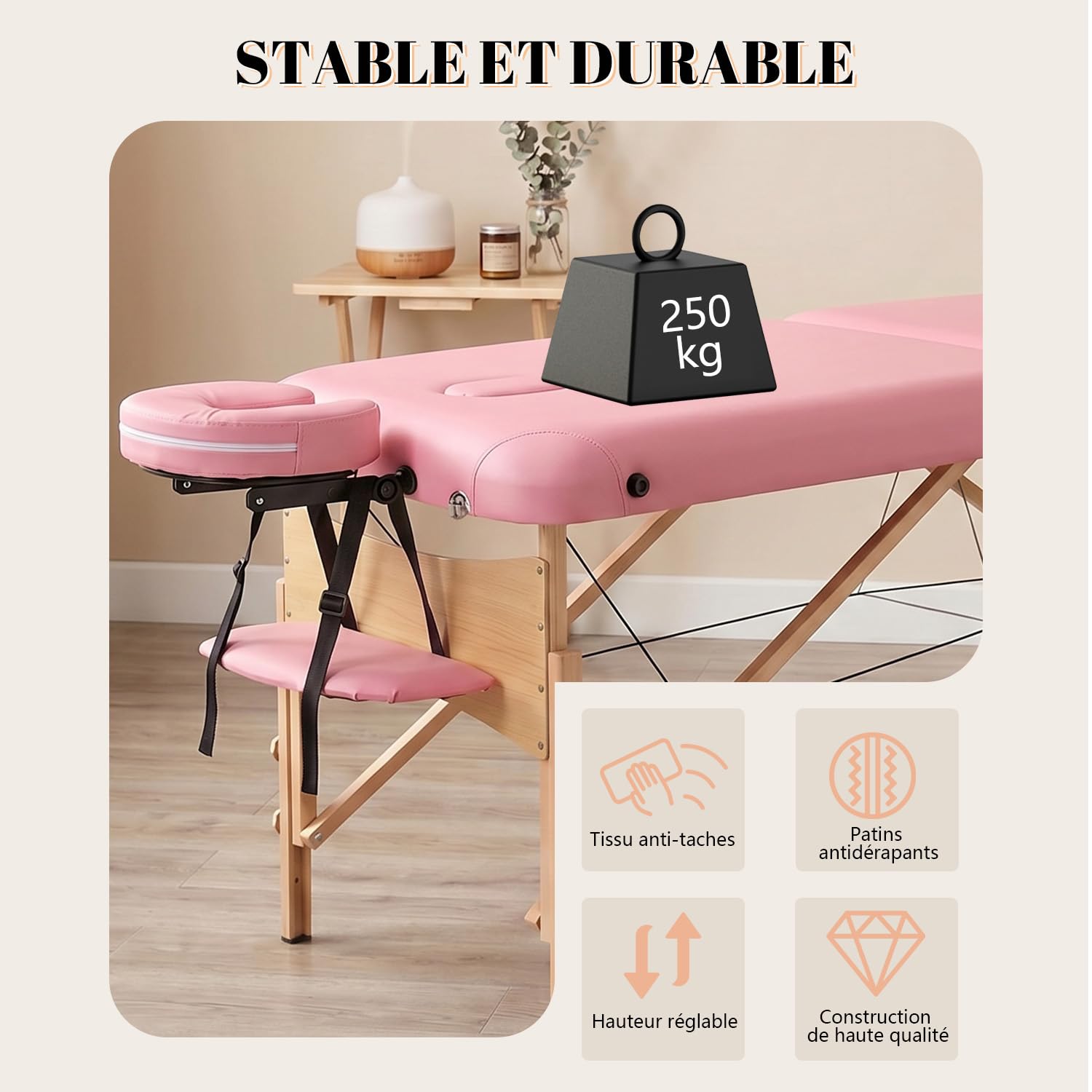kidol&shellder Lit de Massage 70cm, Pliable Portable, 250kg capacité, 9cm Rembourrage PU, Sac de Transport, Appui-tête Amovible, Rose