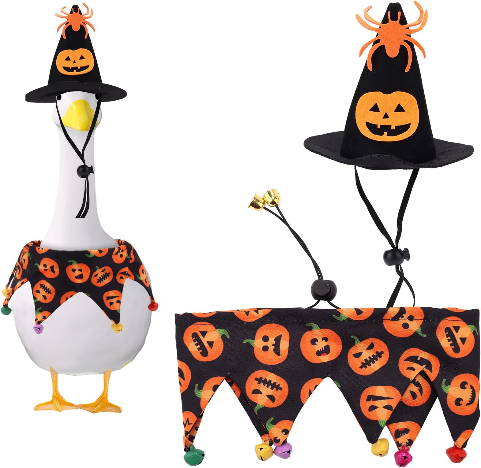 BOXOB Halloween Porch Goose Costume, Pumpkin Witch Hat & Scarf Outfit for 23 & 17 Inch Lawn Goose Statues Funny Clothes Outdoor Yard Garden Decorations Accessories