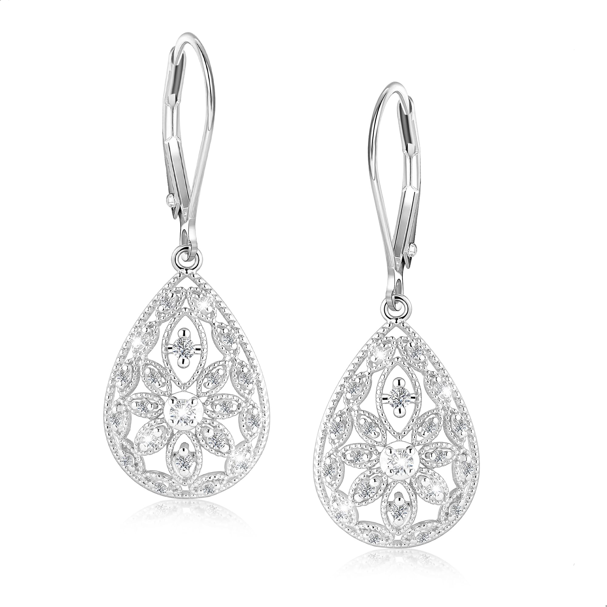 925 Sterling Silver Teardrop Dangle Earrings for Women Cubic Zirconia Leverback Filigree Drop Dangle Earrings Jewelry Hypoallergenic Silver Teardrop Filigree Earring for Gifts