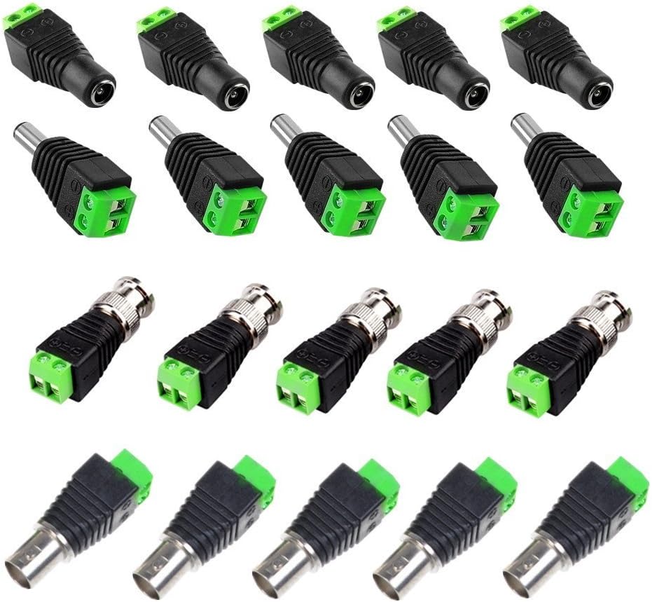 OdiySurveil 10Pairs Pack DC Power Cable Jack and balun Connectors Kit,5-pair 2.1x5.5mm Jack DC Power Adapter, 5-pair Coaxial Cat6 to BNC Female Video Balun Connector for CCTV/LED Strip,4-Type Terminal