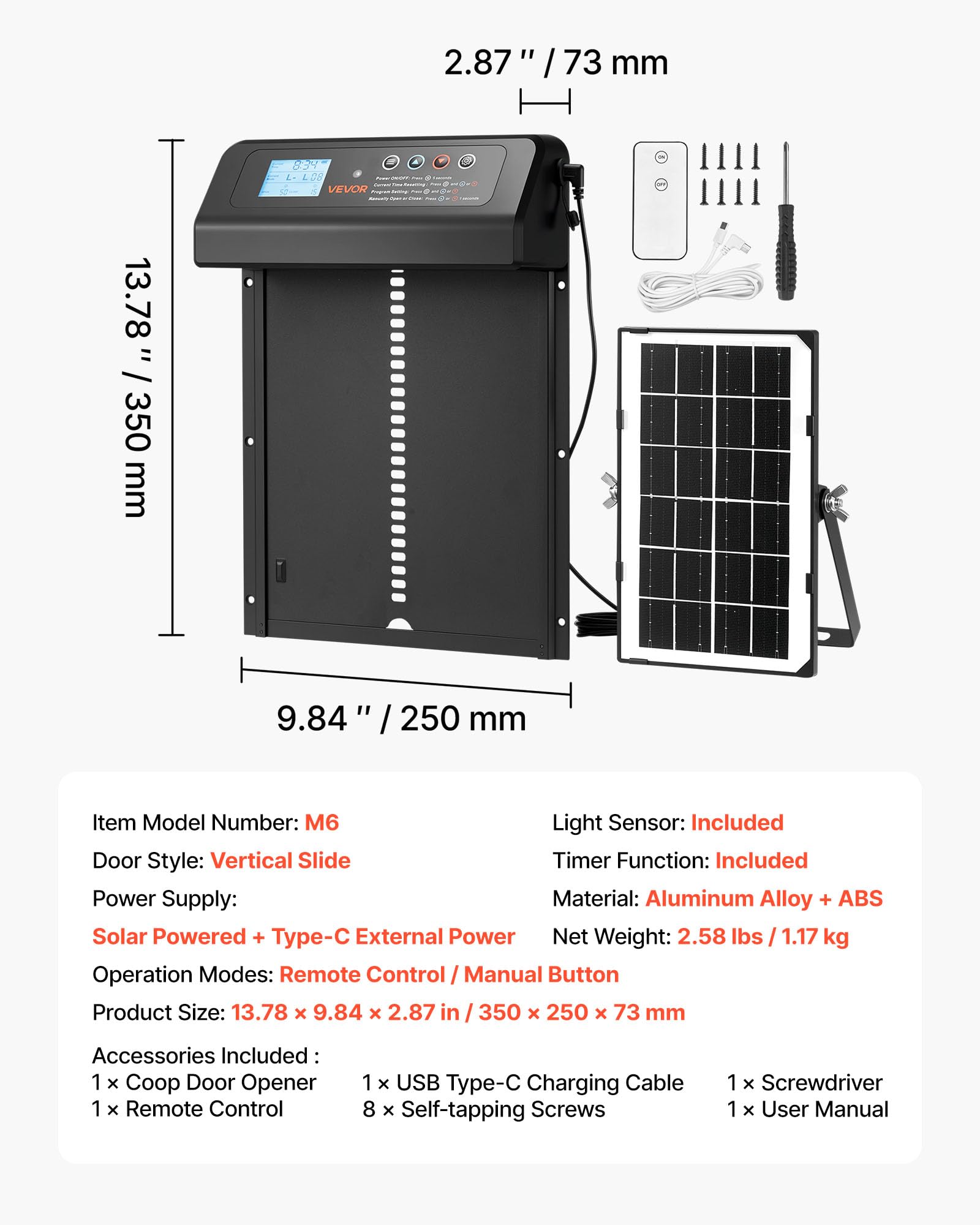 VEVOR Porte Automatique Poulailler Solaire et à Pile, Ouvre-Porte Automatique pour Poulailler, avec Télécommande, Capteur de Lumière et Minuterie, Anti-Pincement, Écran LCD, en Alliage d'Alu, Noir