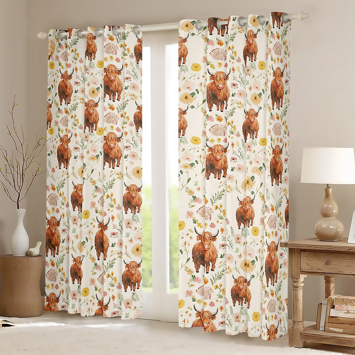 Feelyou Highland Cow Curtains for Bedroom Living Room Kids (2 Panels, 42 x 90 Inch) Animal 30%-50% Room Darkening Blackout Curtain Western Decor Darkening Dreapes Straw Yellow Window Treatments