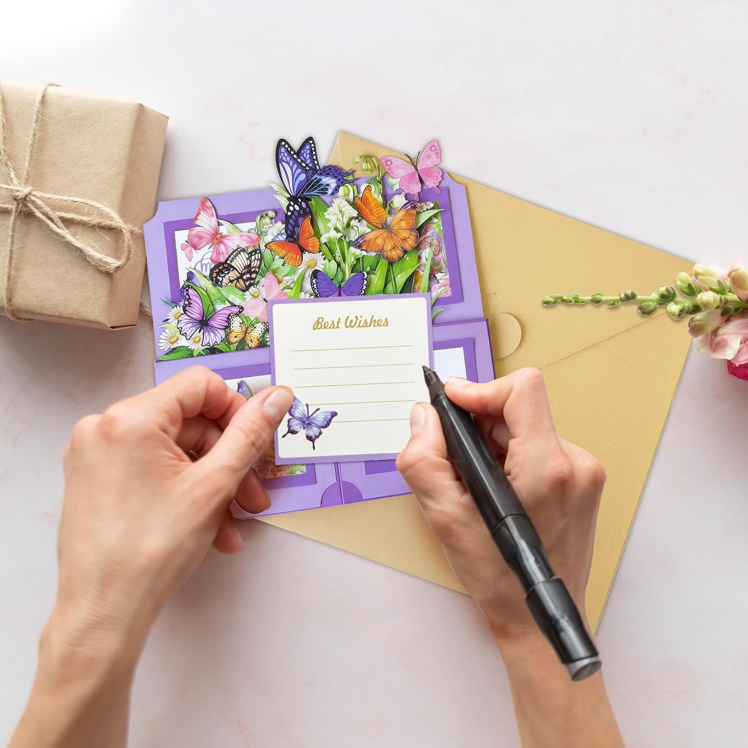 Condition photo showing New/Like New for birthday cards for women, butterfly pop up card box, happy birthday gifts cards for women, daughter, mom, sister, friend, butterflies & flowers greeting card with blank notecard & envelope happy birthday butterfly