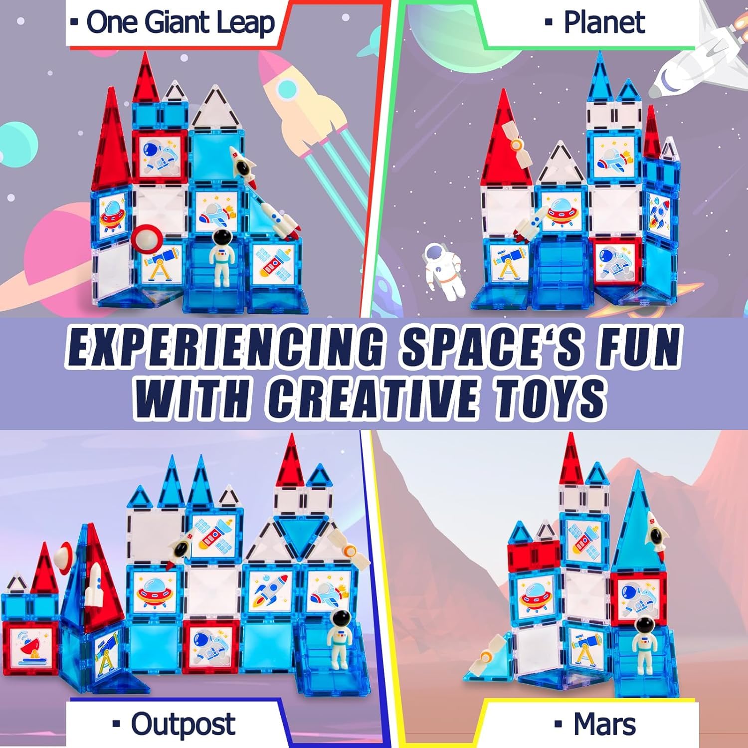 Juego de 58 azulejos magnéticos, bloques de construcción magnéticos, bloques de construcción con imágenes para ventanas y colores de gel, azulejos magnéticos 3D STEM juguetes educativos para