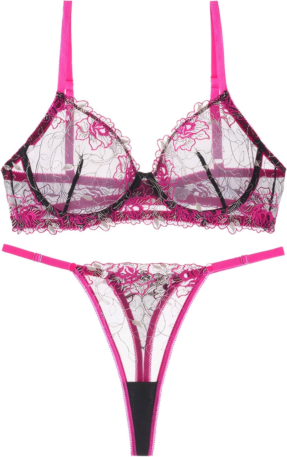 FEOYA Women Embroidery Underwire Set Thong Lingerie Set Mesh Underwire Push Up See Through Panty Bra