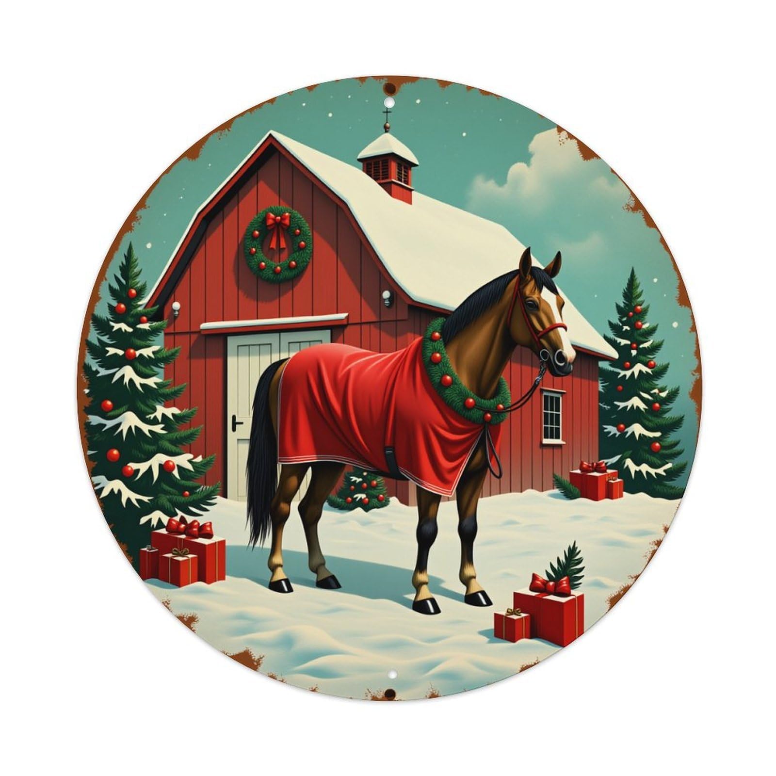 Lzwbntey Vintage Christmas Horse Barn Snow Gift Metal Tin Sign Retro Wall Decor For Home Bar Garage Cafe, Indoor & Outdoor Decorative，Circle Metal Poster, 8X8 Inch