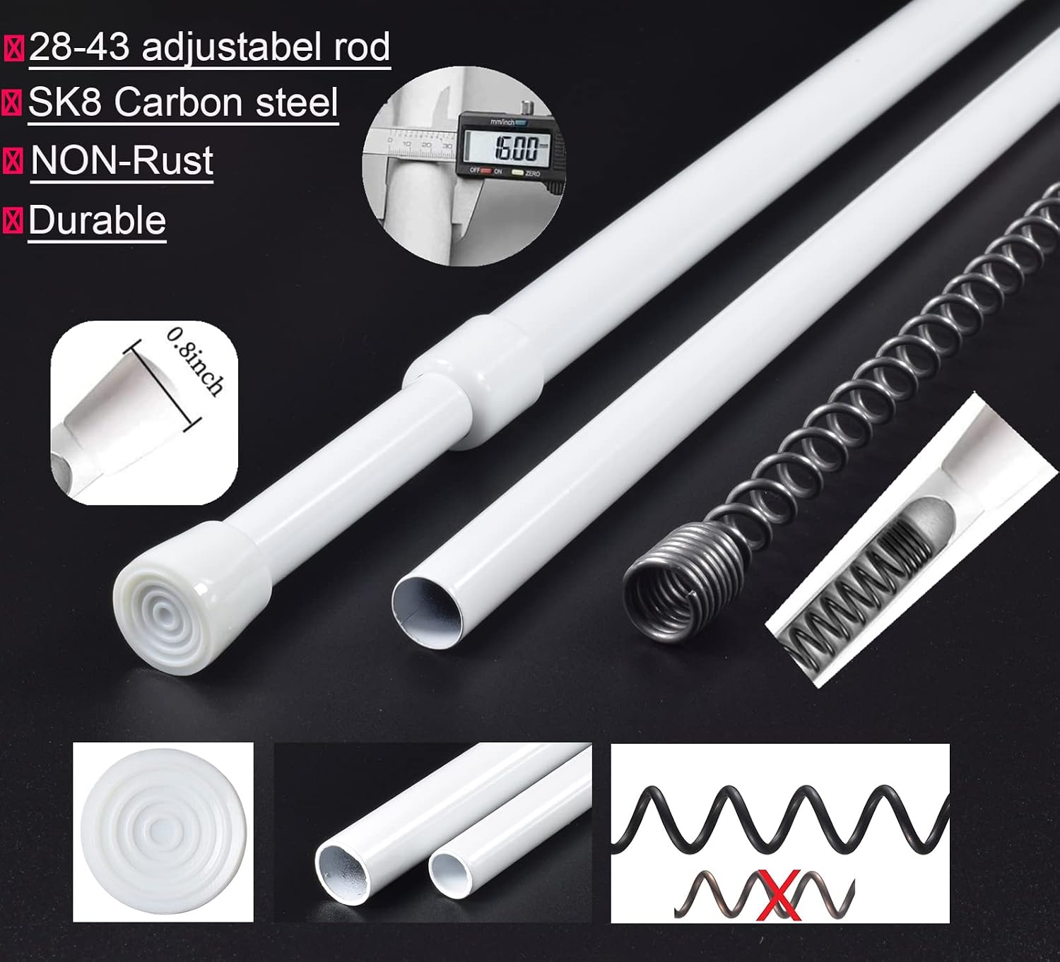 White Tension Curtain Rod for Windows 26-39 Inch,Adjustable Expandable Pressure Spring Curtain Rod No Drilling, 5/8" Curtain Rod for Closet Door Bedroom Doorway