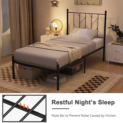 Miniatura 5 de Giantex Base de cama de metal negro individual con cabecera de estilo victoriano, marco de cama de plataforma de 12.5 pulgadas con soporte de 14