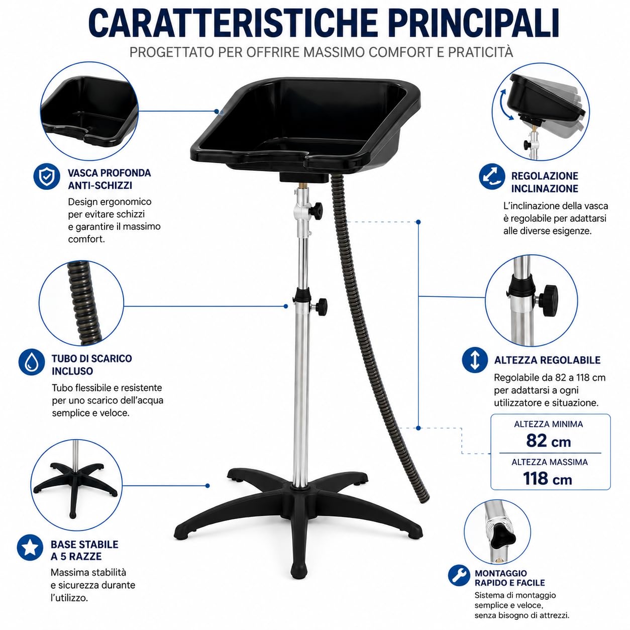 Lavatesta Portatile Professionale Regolabile 82-118 cm con Snodo Inclinabile, Tubo di Scarico Allungabile e Base a 5 Razze