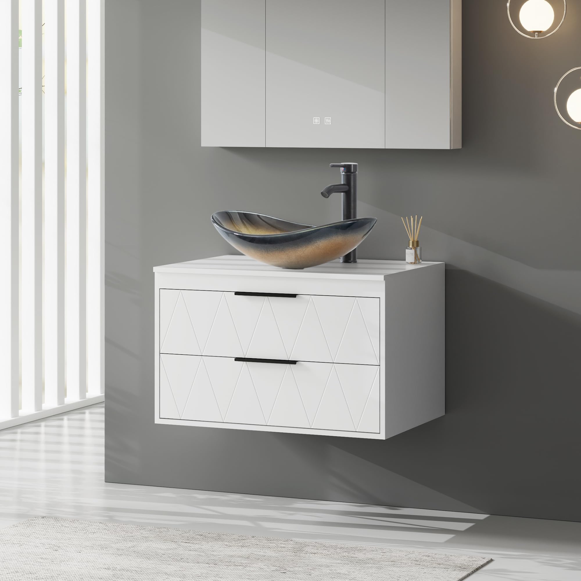 eclife 30" Floating Bathroom Vanities with Sink Combo, Wall Mounted Modern Cabinet W/Diamond Line Pattern Design, Champagne Boat Glass Vessel Sink W/