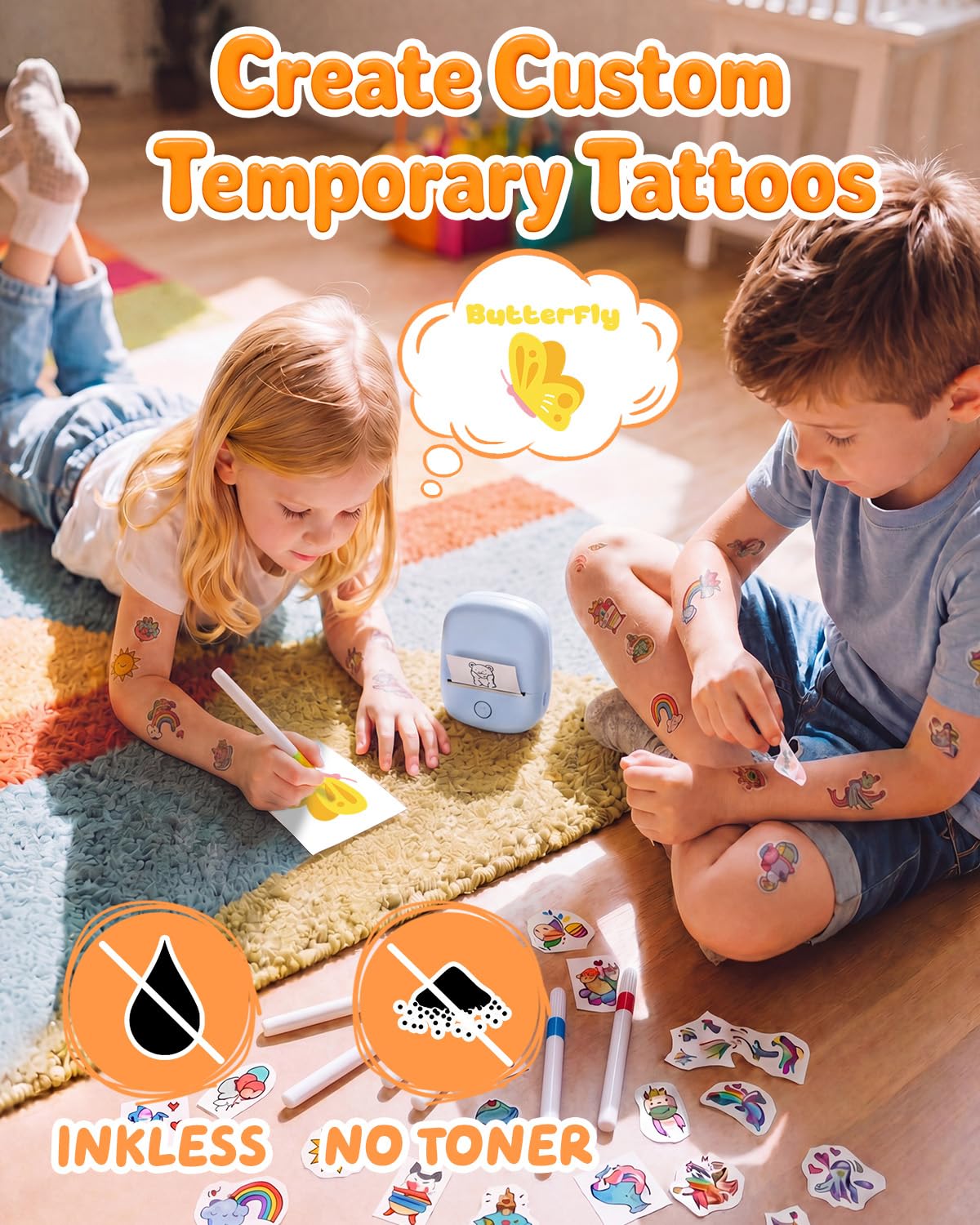 Stampante Tatuaggi per Bambini,Kit Fai da Te Senza Inchiostro con App IA, 40 Fogli per Tattoo e 4 Pennarelli, Giochi Creativi Lavabili Regalo 5-12 Anni (Blu)