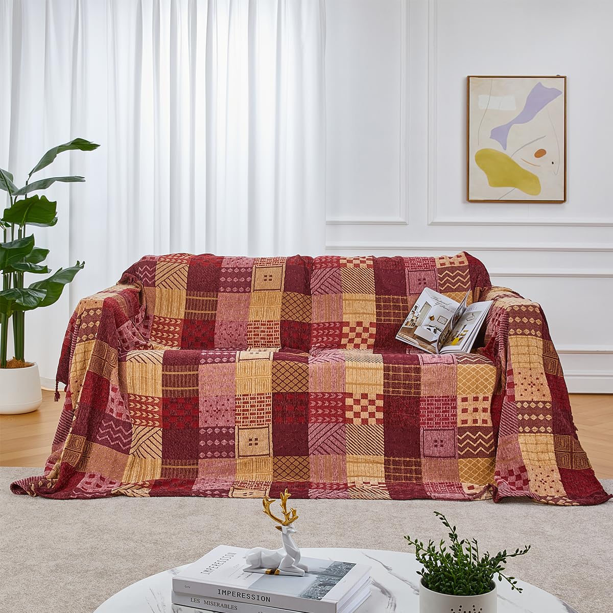 amorus Bohemian Throw Blankets,Throw Blanket Chenille Jacquard Tassels Soft Throws Cover for Couch, Bed,Outdoor Camping Picnic Car Travel Warm & Cozy for Seasons，Red Grid (86"*102") — image 1