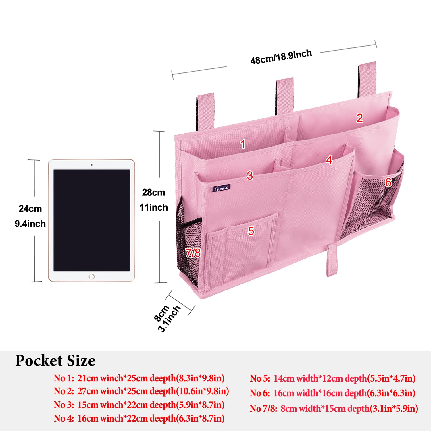 Surblue Nachtkastje Caddy Opknoping Bed Organizer Opbergtas Pocket voor Stapelbed en Ziekenhuisbedden, College Slaapzalen Baby Bed Rails, Kamp (8 zakken), Blauw Plaid