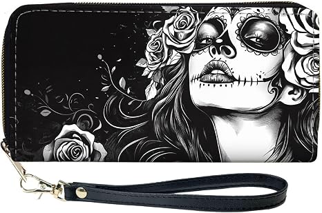 Sugar Skull Woman Pattern Wallet with Wristlet Strap, PU Leather Large Capacity Long Wallet Bifold Clutch Purse with Card Slots & Coin Pocket, Fashion Zip Around Wallet For Gift (Sugar Skull Woman)