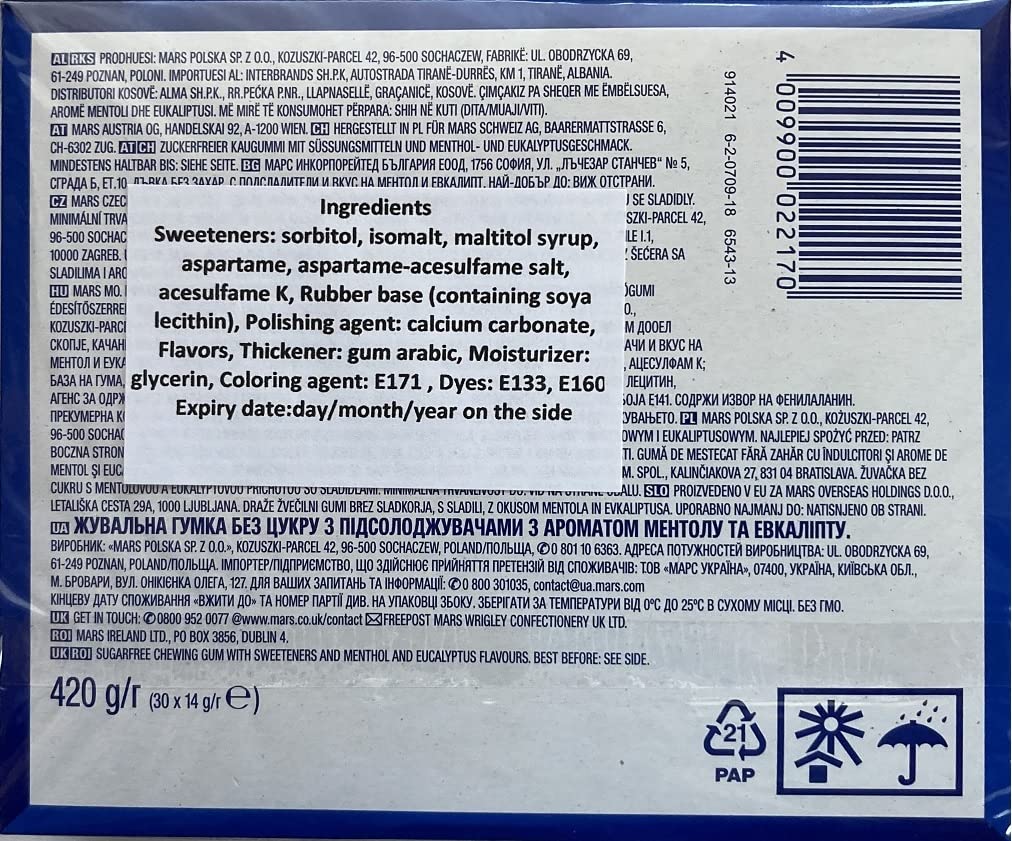 Wrigley's Airwaves, gomma senza zucchero, mentolo e eucalipto, 10 pezzi, confezione da 30