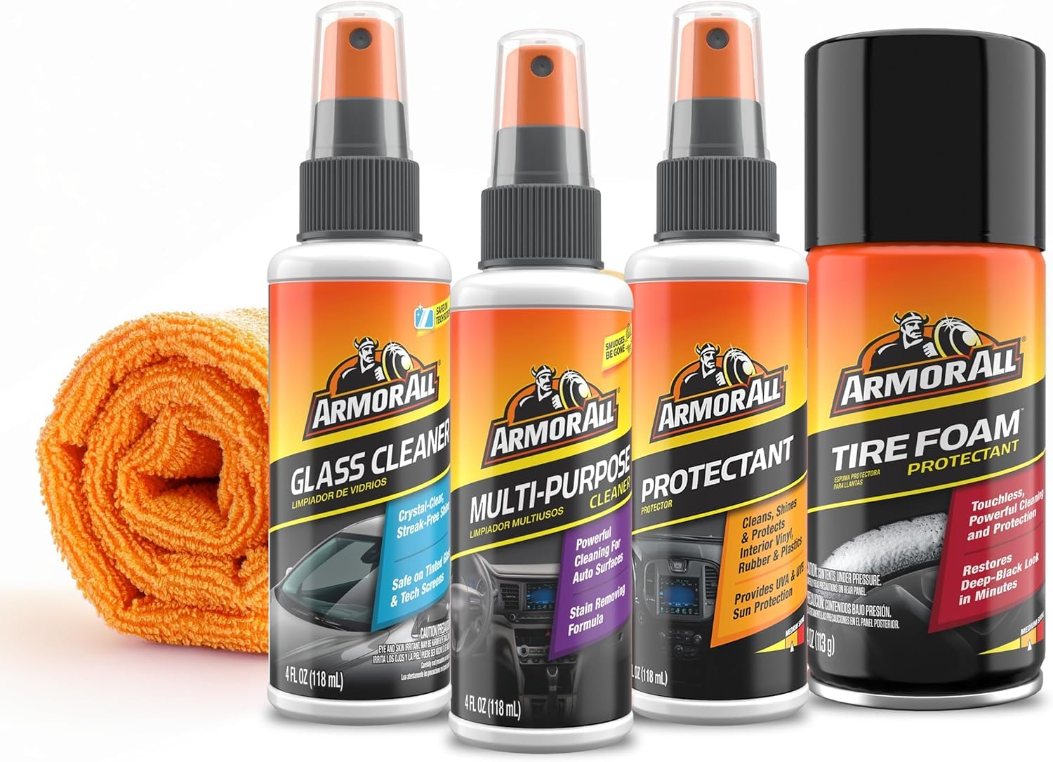 Armor AllCar Wash and Car Interior Cleaner Kit, Includes Towel, Tire Foam, Glass Spray, Protectant Spray and Cleaning Spray, Multicolor, 5 Count (Pack of 1)