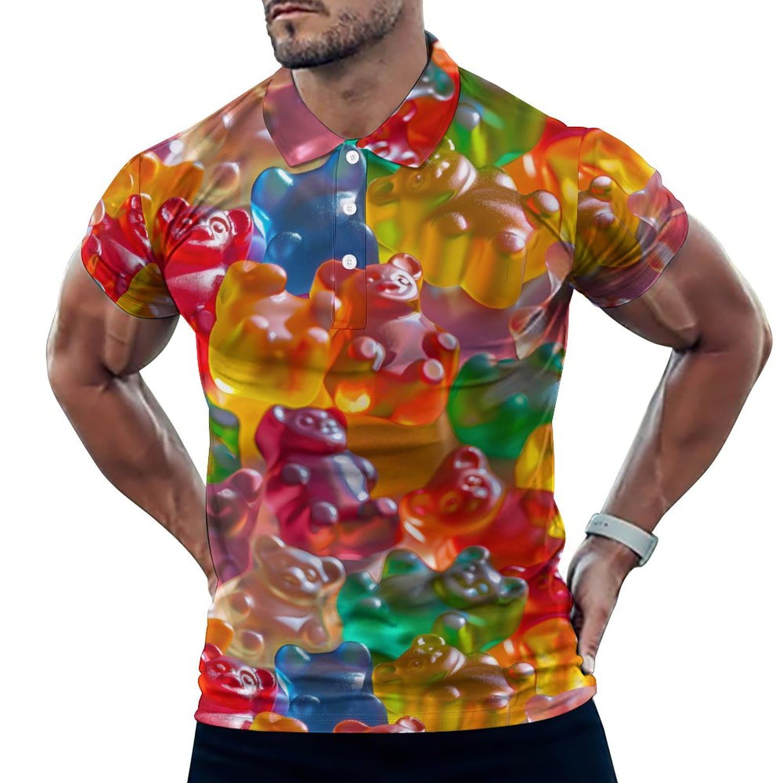 Colorful Gummy Bears Classic Golf Polos for Men Athletic Tennis Shirts Short Sleeve Sports Summer Casual Funny